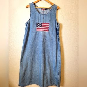 Vintage Agapo Denim Maxi Jumper Dress with United States Flag embroidered. 1X